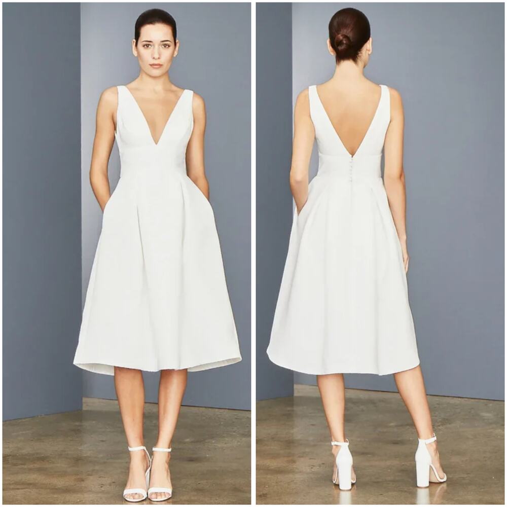 Amsale LW152 Silk White Deep V Faille Midi Bridal Dress Size 12 NWT